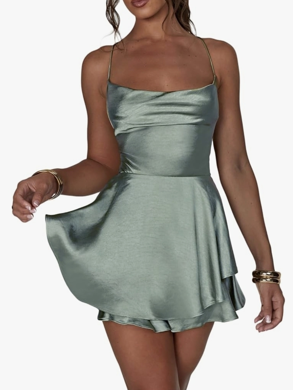 Backless Short Romper Satin Dress Spaghetti Strap Backless Short Ruffle A Line M